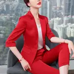 紅色西裝外套女小個子氣質女神範五分袖夏季薄款職業裝西裝時尚套裝