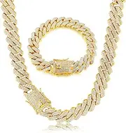 [Kakonia] Cuban Link Chain Iced Out for Men 14MM Miami Cuban Link Choker Necklace Bracelet 18K Gold Plated Bling Diamond Chain Bracelet Hip Hop Jewelry for Men Women