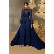 Jumpsuit / Pantsuit Beaeded Lace Applique Mother of the Bride Jumpsuit Elegant Wedding Guest Minimalist Casual Mock Neck Floor Length Lace Stretch Satin Long S
