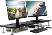 Large Dual Monitor Stand for Computer Screens Solid Bamboo Supports Black