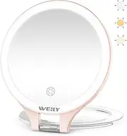 WEILY Makeup Mirror with Lighting, 10X/1X Magnification, Double-Sided Travel Mirror, with 3 Colour Lights, Touch Control, Rechargeable Portable Mirror for Bedroom and Bathroom (Pink)