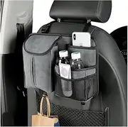 Premium Grey Car Seat Organizer with PU Leather Flip-Top Tissue Box – Luxury Hanging Storage Bag for Cars, Multi-Pocket Backseat Organizer, Universal Fit