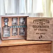 Whiskey Gift for Godfather – Custom Wood Box with Decanter, Glasses and Stones