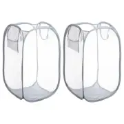 2 Pcs Mesh Laundry Basket Collapsible Laundry Hamper with Handles Pocket, Grey