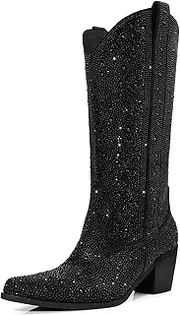 [DANAZANA] Rhinestone Cowboy Boots for Women Wide Calf Sparkly Cowgirl Boots Mid Calf Pointed Toe Block Heel Sparkle Boots with Half Zip Size 7-10