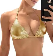 [JuicyRose] Women's Metallic Bikini Top - Halter Shiny Triangle Bralette Rave Tops Tie Side Swimsuit Bra