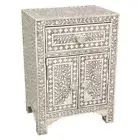 Bone Inlay Bedside Table, Nightstand Table Floral Design 1 Drawer 2 Door Grey