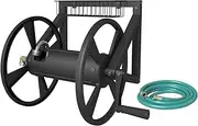 Triangle Wall Mounted Garden Hose Reel, Outdoor Heavy-Duty Water Hoses Holder Winder, Holds 125 Ft of 5/8-Inch Hose, with 3.9 ft Leader Hose, Brass Fitting, Storage Basket for Yard, Black
