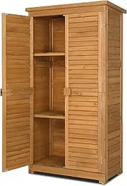 [Outvita] Outdoor Storage Cabinet, 63in Wooden Garden Tools Shed with 2 Lockable Doors, 3 Adjustable Shelves, Waterproof Roof for Yard Garge Patio Deck Porch, Natural