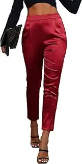 [Generic] Women's Satin Pants Dress Casual Pleated Pull on High Waist Pants with Pockets