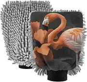 XYMZR Absorbent Microfiber Car Wash Mitt Flamingo Florals Butterfly, Funny Cute Anime Scratch Free for Cars Cleaning, Home Cleaning Mitts, 2 Pack, 10.24” L x 7.09” W
