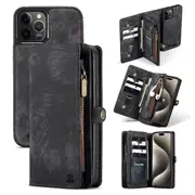 CaseMe For Apple iPhone 14 Pro Zipper & Detachable Retro Leather Pouch Wallet Flip Purse Bag Detachable Phone Case Cover (Black)