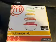 New Set 10 piece Clear Glass Master Chef Nesting Food Prep Bowls W/Color Lids