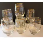 Vtg 1950s Libbey Gold Fairy Nymph Stemless Wine Glass Set 6 w/Glas-Snap Corning