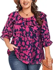 [Siddhe] Womens Plus Size Chiffon Tops 3/4 Sleeve Shirts Dressy Casual Blouses Ruffle Crew Neck Tunic