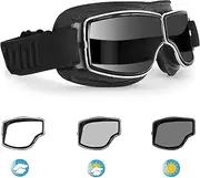 Bertoni Motorcycle Riding Goggles - Black Leather with Chromed Frame AF188 by Bertoni Italy