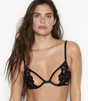 Victoria’s Secret Unlined Embroidered Open Demi Bra Sz 34D Black Ouvert