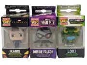 3-Funko Pocket Pop! Marvel Monster Hunters LOKI-Ikaris-Zombie Falcon-Keychains.