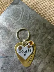 Hand Stamped Dog Tag, Personalized Custom ID, Guitar Pick Tag & Heart, Swarovski
