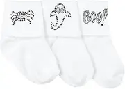[Jefferies Socks] Halloween Scare Spider Ghost Boo Applique, White, 3-Pack - - 1-3 Months