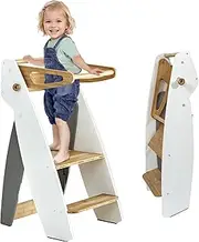 Foldable Toddler Tower, Kids Kitchen Stool Helper with 3 Adjustable Heights, Bamboo Learning Kitchen Tower with Safety Rail for Bathroom, Shcool Use Suit to Ages 2 3 4 5 Years (White)