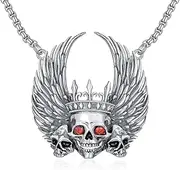 [ADLSTIGH] Skull Necklace for Men S925 Sterling Silver Triple Skull Wing Necklace Gothic Punk Red Eye Skull Pendant Necklace Skull Personalized Jewelry Gifts Stainless Steel Chain 22+2", Metal, Cubic