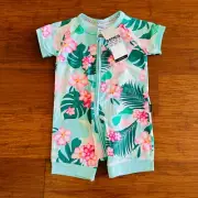 Bonds Baby Mint Green Pink Floral Tropical Zip Wondersuit Romper BNWT Size 1