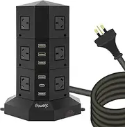 [Powerjc] Tower Power Strip USB Surge Protector Socket Board 12 AC Outlets with PD USB C 48W Ports Chargers 2M Long Extension Cord SAA Certified Black (Black)