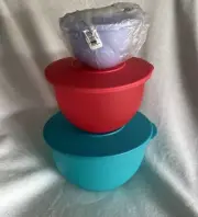 Tupperware Impressions 3 Piece Serving Nesting Bowls Teal Red & Purple New!