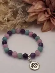 8mm amethyst, kunzite,amazonite crystal bracelet with lotus charm