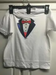 Boys sz small white cotton tee tshirt t shirt tuxedo tux black with red cummerbd