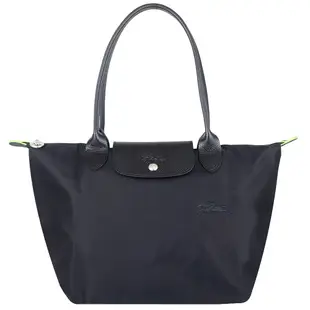 Longchamp LE PLIAGE 黑色再生尼龍皮邊刺繡折疊長把水餃包(中)