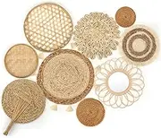 Unittype Set of 9 Wall Basket Decor Boho Hanging Rattan Wall Decor Flat Round Wicker Mirror Woven Macrame Tassels Tapestry Bamboo Basket Handmade Serving Tray Art for Room Bedroom Living Room