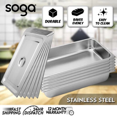 SOGA 6X Gastronorm Full Size 1/1 GN Pan 10cm Deep Stainless Steel Tray w/ Lid