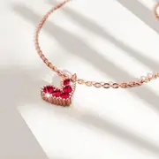 Solid 925 Sterling Silver Bright Red Corundum Crystals Heart-Shaped Pendant Necklace