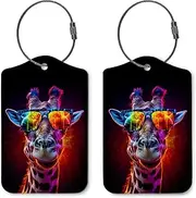 ZFQ Giraffe Luggage Tags for Suitcases,Trendy Animal Neon 2 Pack Baggage Tag Label with Steel Loop,Handbag School Bag Backpack Traveling Accessories