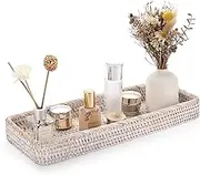 IGNPION Rattan Serving Tray Decorative Display Tray Table Storage Tray Toilet Tank Paper Tray Desktop Organiser Tray for Kitchen, Makeup, Vanity, Napkin, Candle, Ornament (40cm, Whitewash)