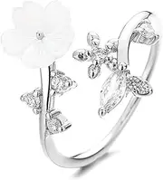 [Rrdaily] 18K Gold Double Leaf Ring Gold/Silver/Rose Gold Leaves Leaf Laurel Ring White Shell Flower Opening Ring Dainty Zircon Crystal Ring Adjustable Leaf Finger Ring for Women Teen Girls