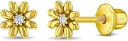 [In Season Jewelry] 925 Sterling Silver Yellow Gold Flashed Flower Puffed Safety Screw Back Earrings For Toddlers and Young Girls - Children's Flower Shaped Earrings, Metal, Cubic Zirconia