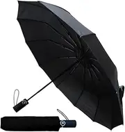 [COLLAR AND CUFFS LONDON] Rare 12 Rib Compact Umbrella, 4 Extra For Strength - 50mph Strong Reinforced Windproof Frame with Fiberglass - Vented Double Canopy - Small Folding Auto Open & Close - Black