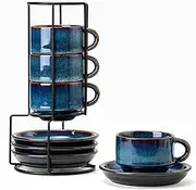 JIEMEI HOME Porcelain Stackable Cappuccino Cups with Saucers and Metal Stand, 7 Ounce Espresso Cups for Latte Coffee Cafe, Specialty Coffee Drinks, Cappuccino and Tea - Set of 4, Deep Blue