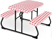 3 Pieces Picnic Table Cover for Kids with Bench Covers Fitted Tablecloth for Outdoors Vinyl Waterproof cloth for Camping Home Goods Indoor Outdoor Patio BBQ(Red, White)