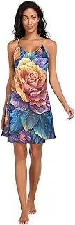 [RPLIFE] Rose with Colorful Butterflies Women Full Slips, Adjustable Spaghetti Strap V Neck Women Satin Nightgown