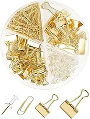CREECHWA Gold Paper Clips and Binder Clips Set, Metal Assorted Sized Binders with Push Pins, Cute Gold Office Supplies for Desk, Desk Accessories