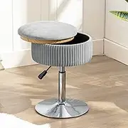 LUE BONA 360°Swivel Vanity Stool Chair for Makeup Room, Height Adjustable Stool for Vanity with Storage, Small Grey Velvet Vanity Stool for Bathroom, Living Room