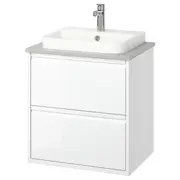 ÄNGSJÖN / BACKSJÖN wash-stnd w drawers/wash-basin/tap, high-gloss white/grey stone effect, 62x49x71 cm