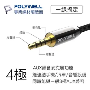 POLYWELL 3.5mm AUX音源延長線 公對母 1M 3環4節 4極 鋁合金外殼 編織版