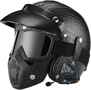 Vintage Motorcycle Helmet Jet Helmet with Mask with Bluetooth Open Helmet Removable and Washable Liner for Adults Men Women Cruiser Chopper DOT/ECE Approved