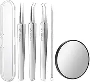 5-Piece Stainless Steel Blackhead Remover Set, 3 Pieces Blackhead Tweezers, Pimple Squeezing Tool Set with Box for Removal of Blackheads on Nose and Face Unisex (1 x Mirror)