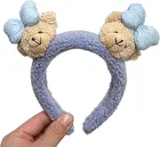 [Cherjoury] Cartoon Plush Hairhoop Furry Bowknot Bear Headband New Year Party Headdress Girl Face Wash Headband Kids Funny Headpiece Blue